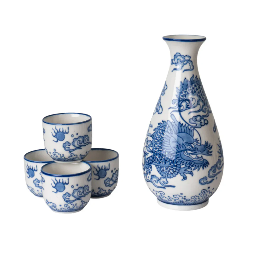 Ryu Dragon Porcelain Glazed Sake Bottle and 4-Cup Gift Set