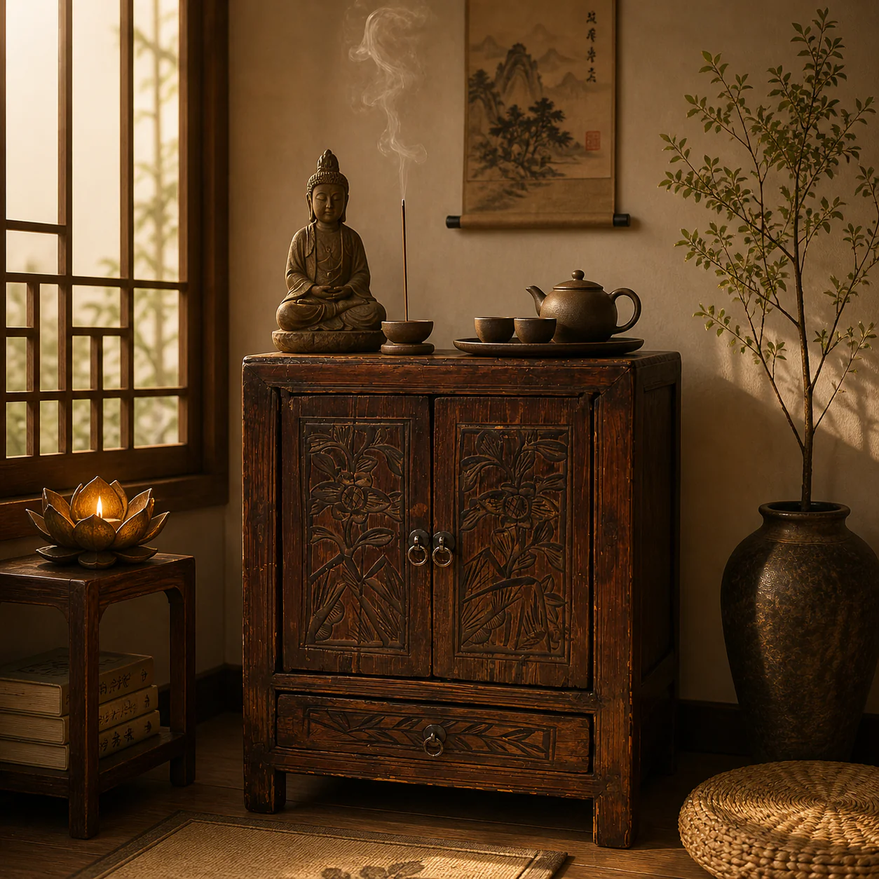 Rustic Hand-Carved Cabinet with 2 Doors and 1 Drawer - Image 3