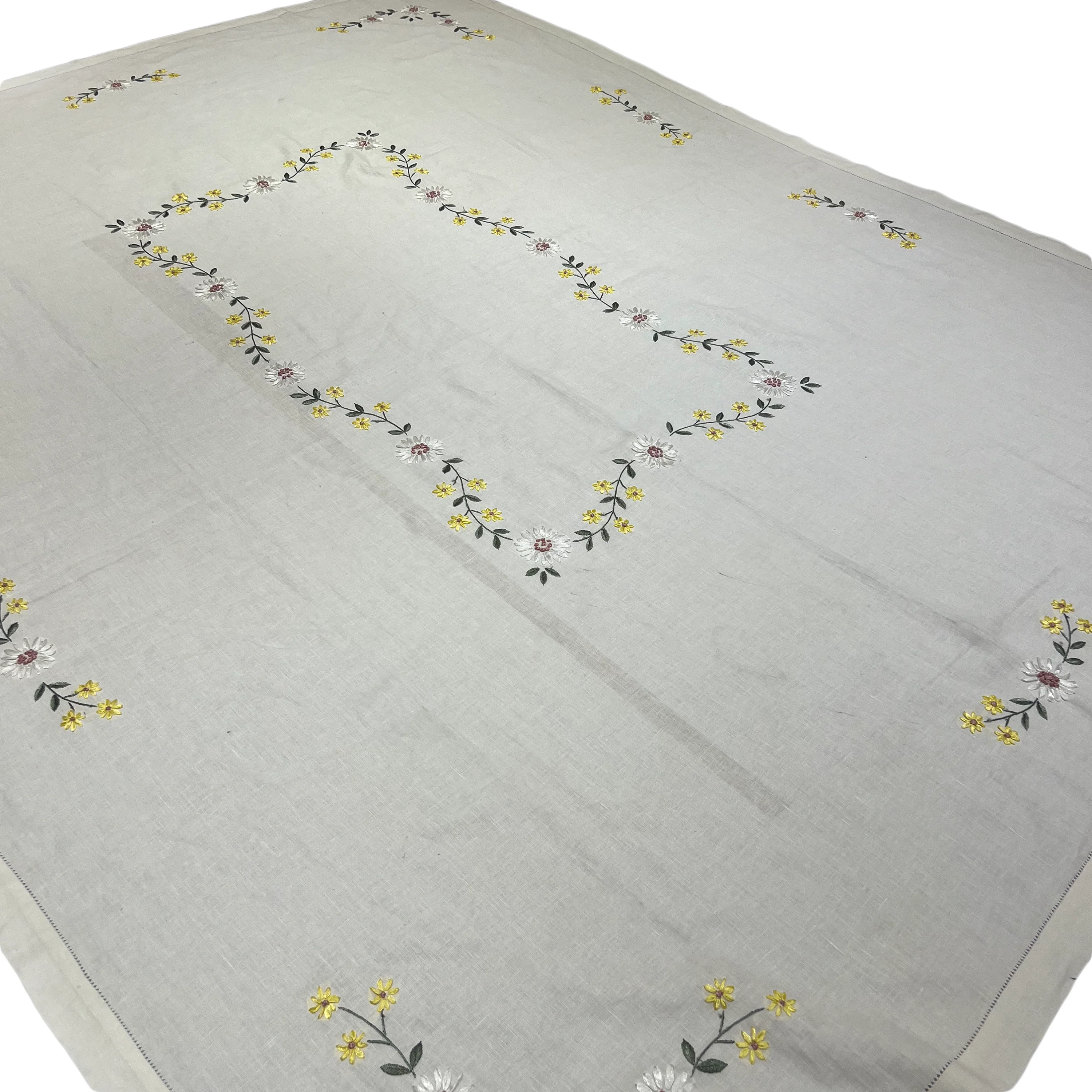 Embroidered Linen Tablecloth - Ribbon Floral on White