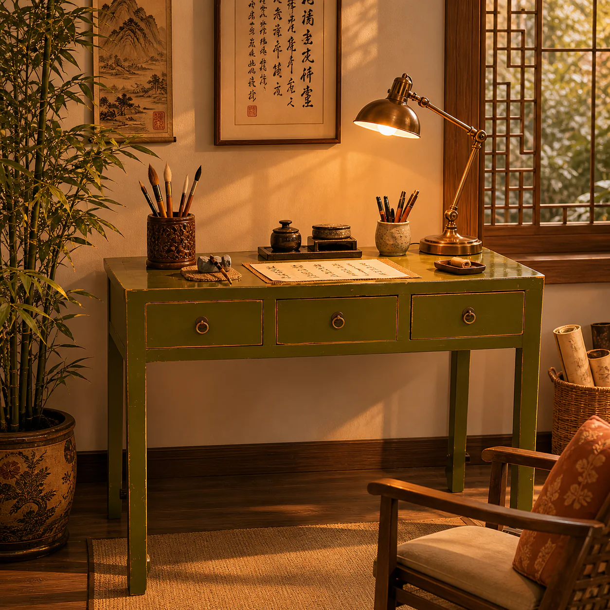 Wooden 3-Drawer Desk - Antique Green - Image 3