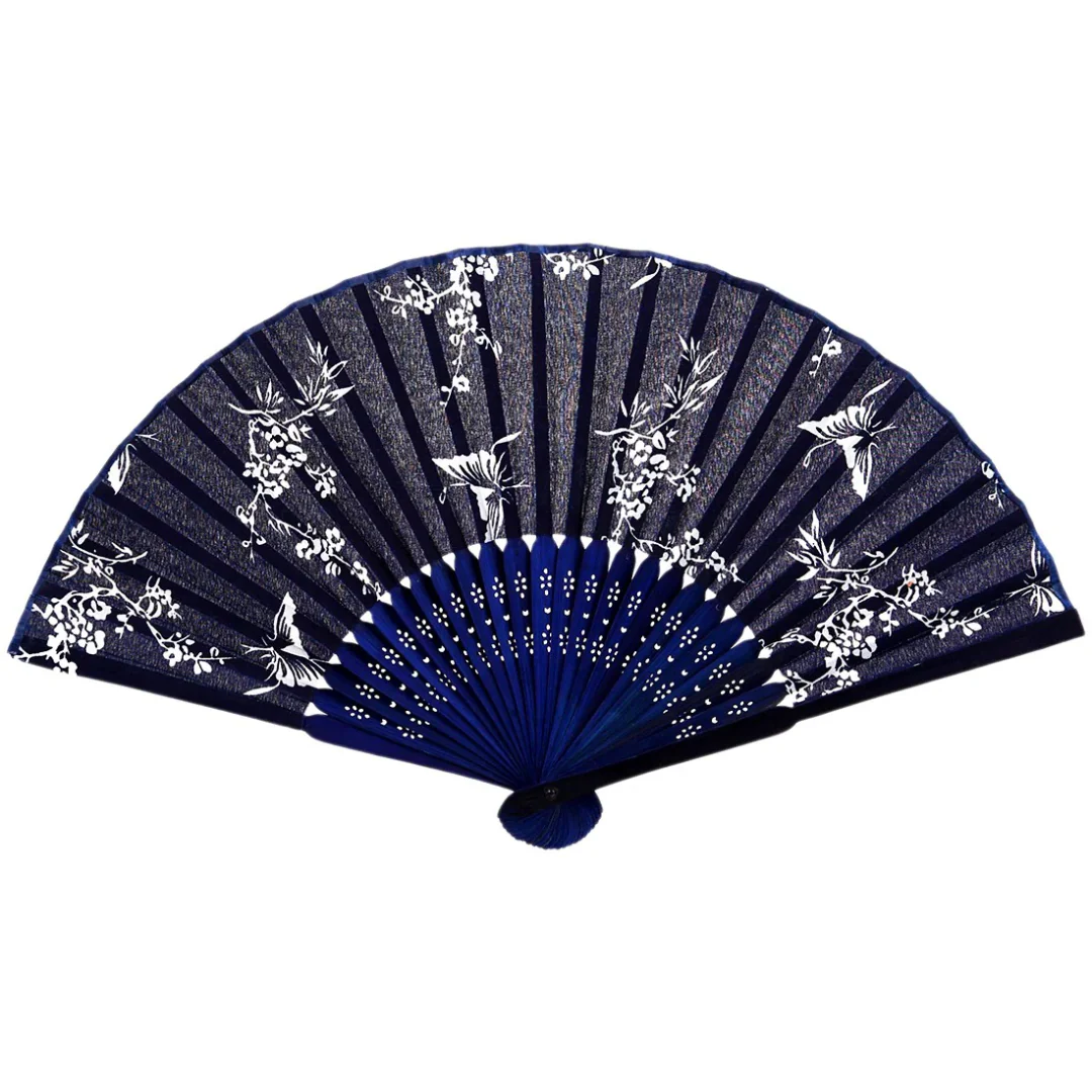 Indigo Batik Fabric Folding Hand Fan with Bamboo Handle