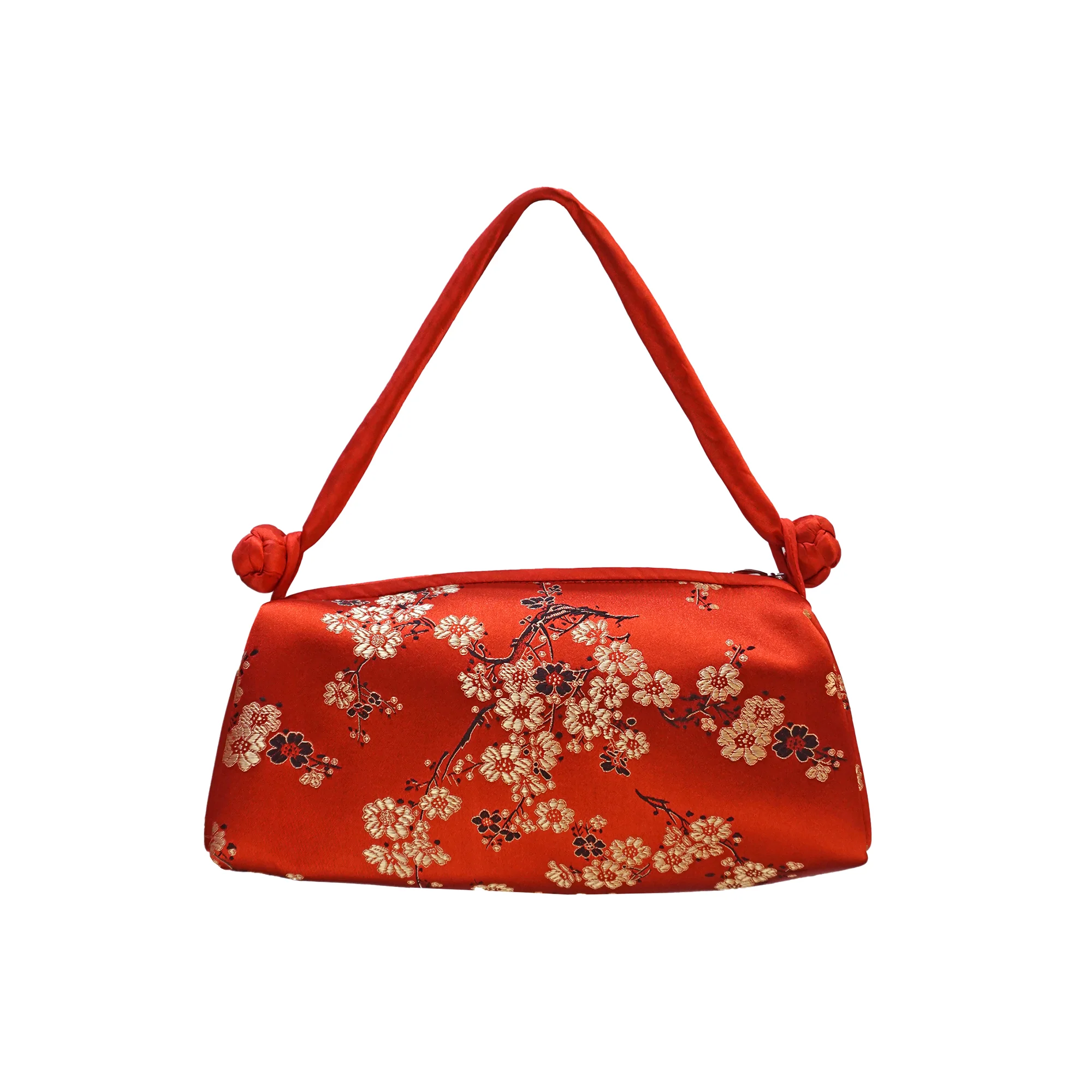 Brocade Mini Shoulder Bag with White Blossom Design - Red