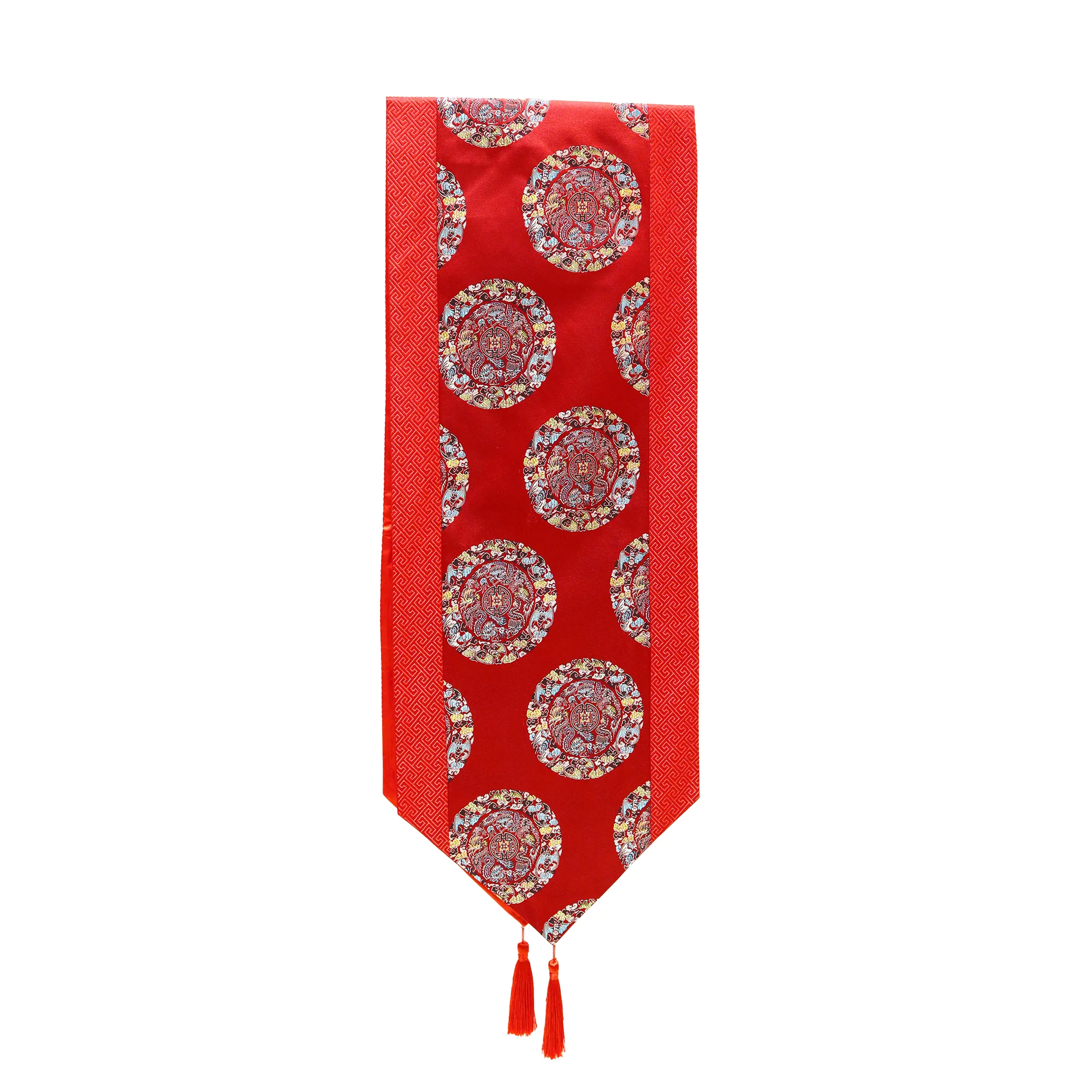 Brocade Table Runner with Longevity and Dragon Pattern (13 x 72 in) - Red