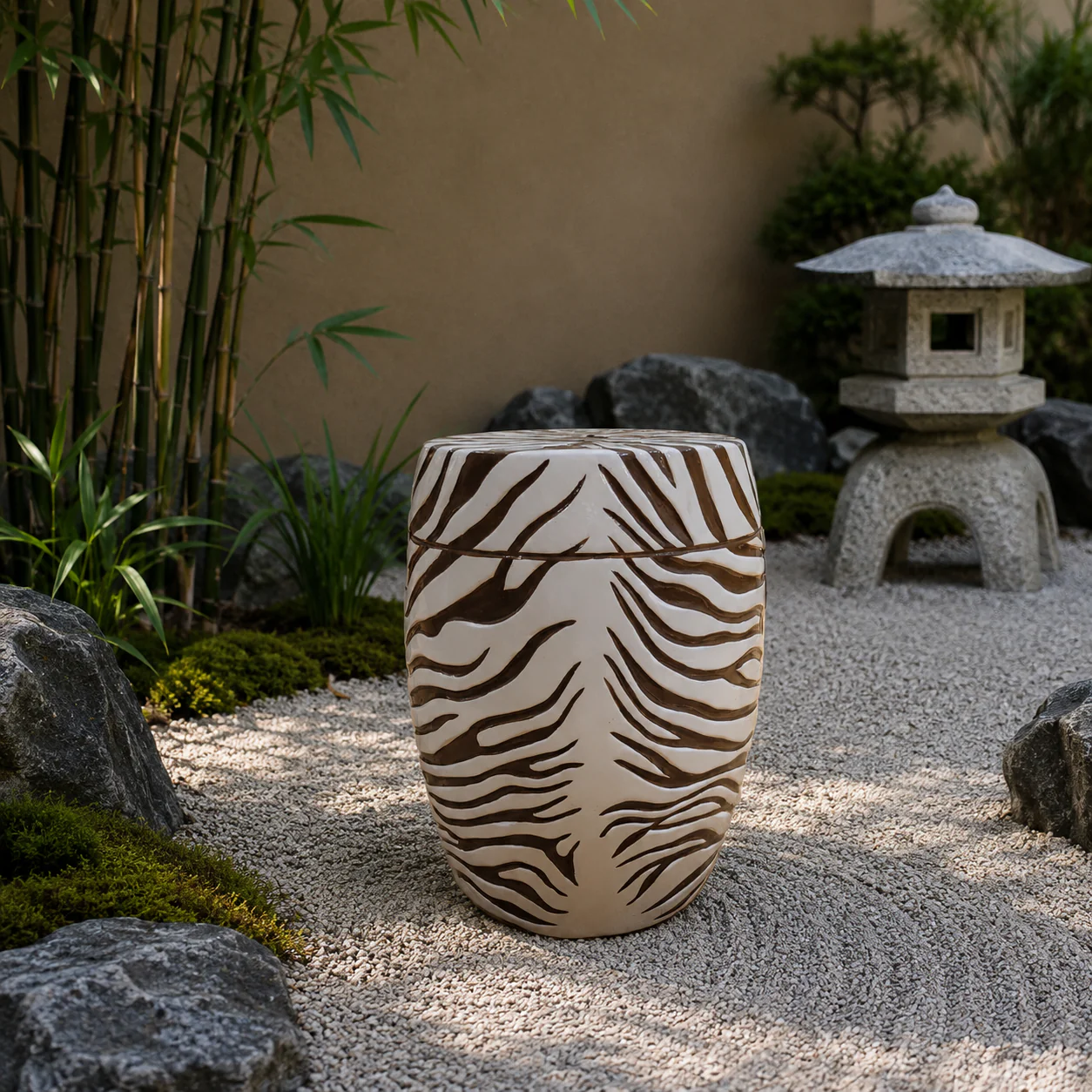 Ceramic Garden Stool - Brown Zebra Stripes on White - Image 2