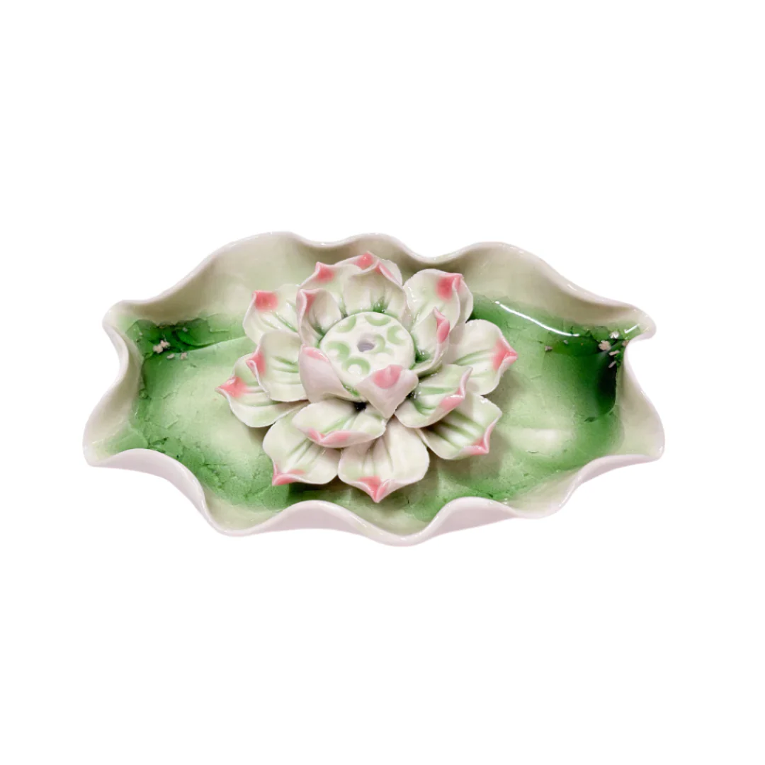 Ceramic Lotus on Lily Pad Incense Holder - Pink
