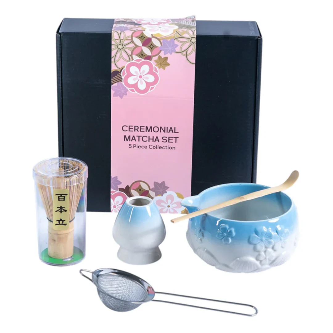Ceremonial Matcha 5-Piece Tea Set with Bowl, Whisk, Stand, Strainer and Scoop - Blue