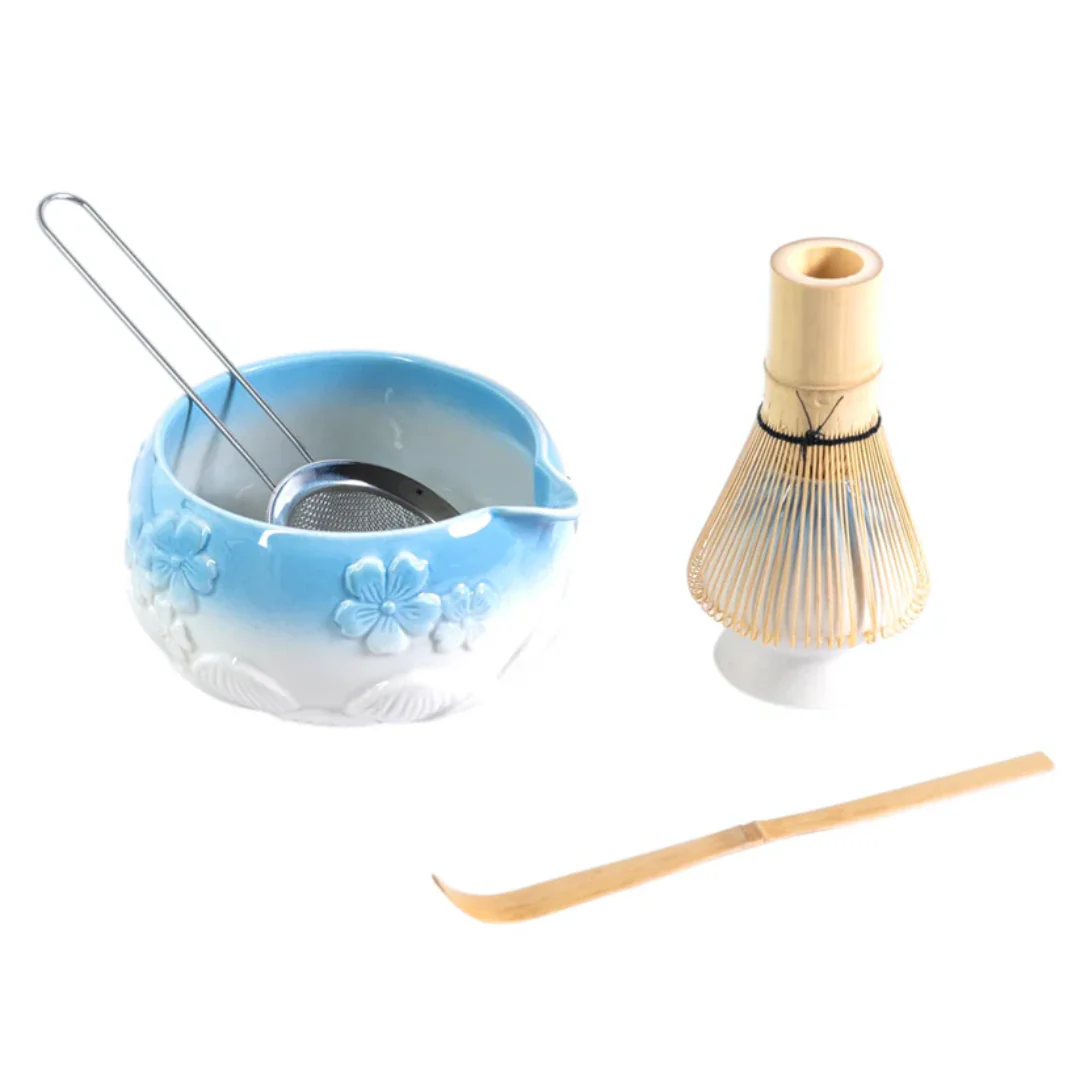 Ceremonial Matcha 5-Piece Tea Set with Bowl, Whisk, Stand, Strainer and Scoop - Blue - Image 2