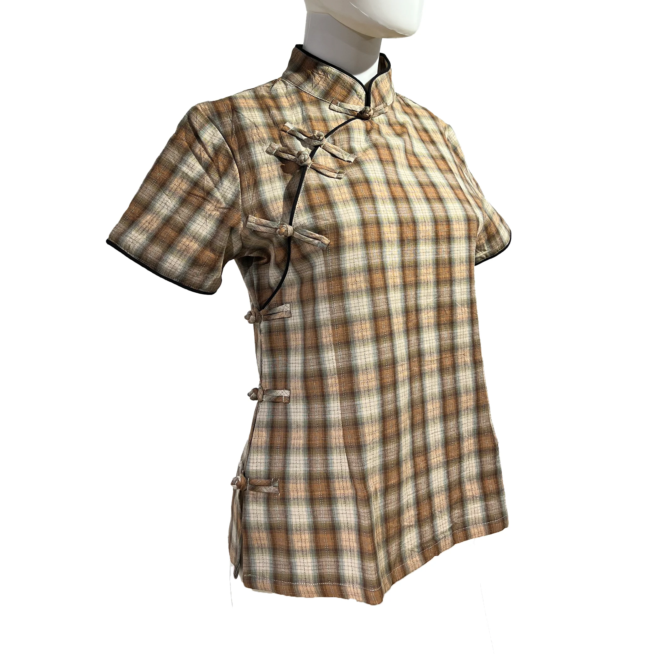 Checkered Qipao Top with Short Sleeves - Tan