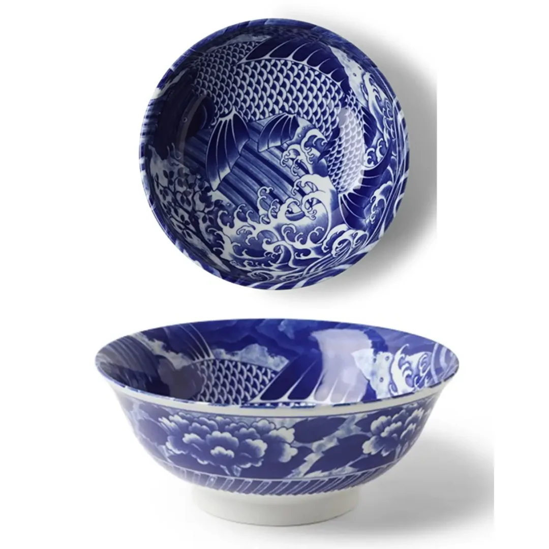 Cobalt Blue Ko-Imari Carp Design Ceramic Bowl Series - Image 2