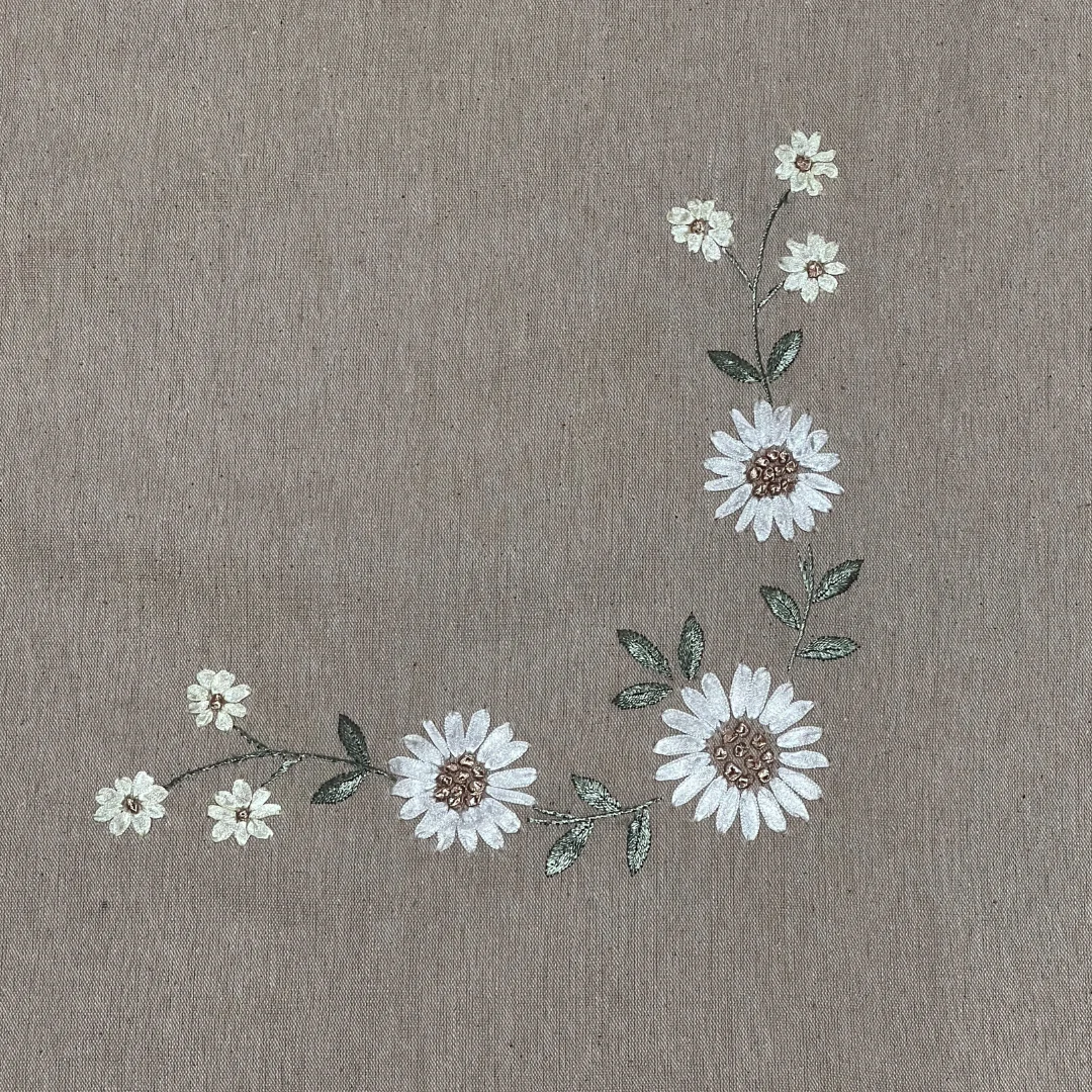 Embroidered Linen Table Cloth - Ribbon Floral on Flax - Image 2