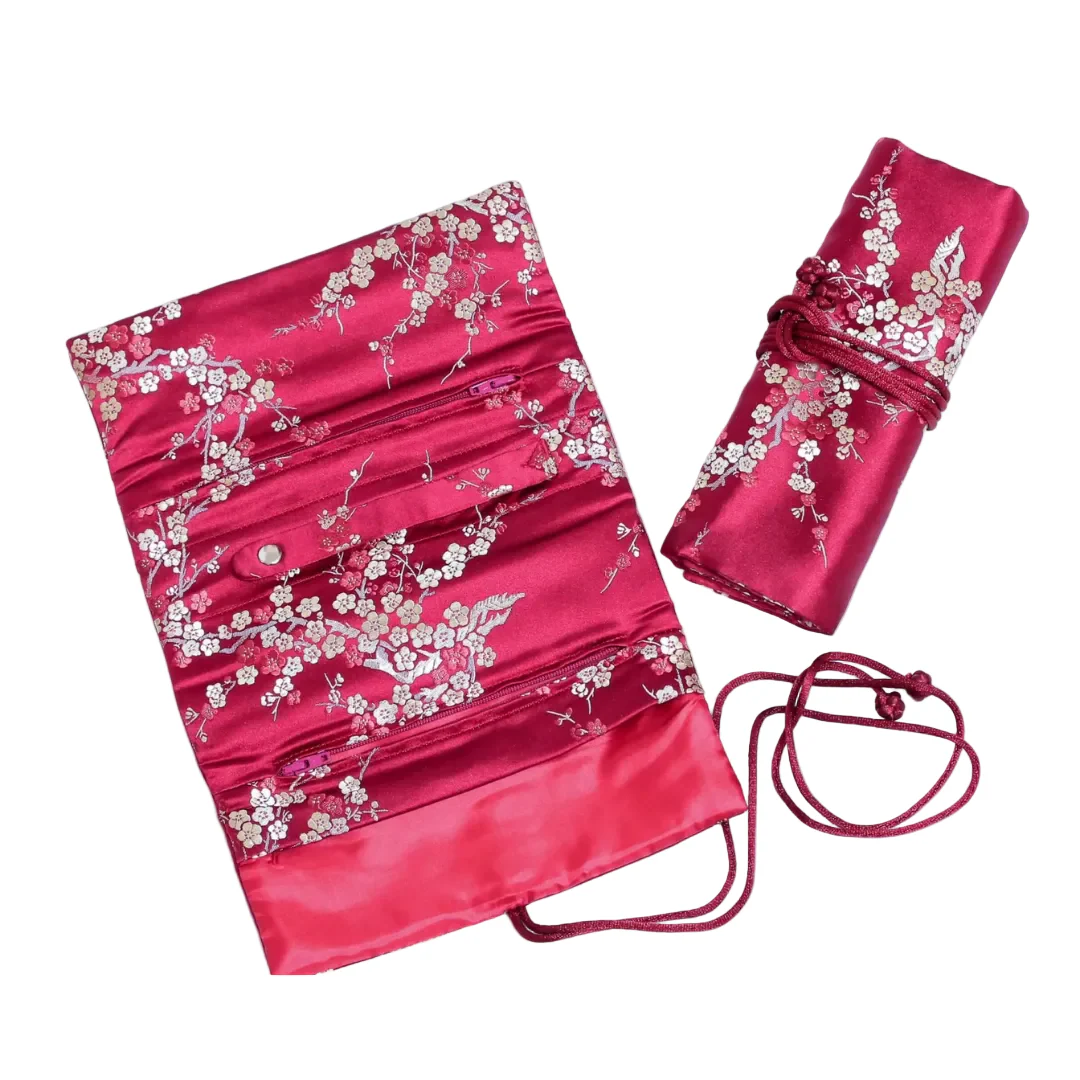 Floral Brocade Jewelry Roll - Red with Cherry Blossoms