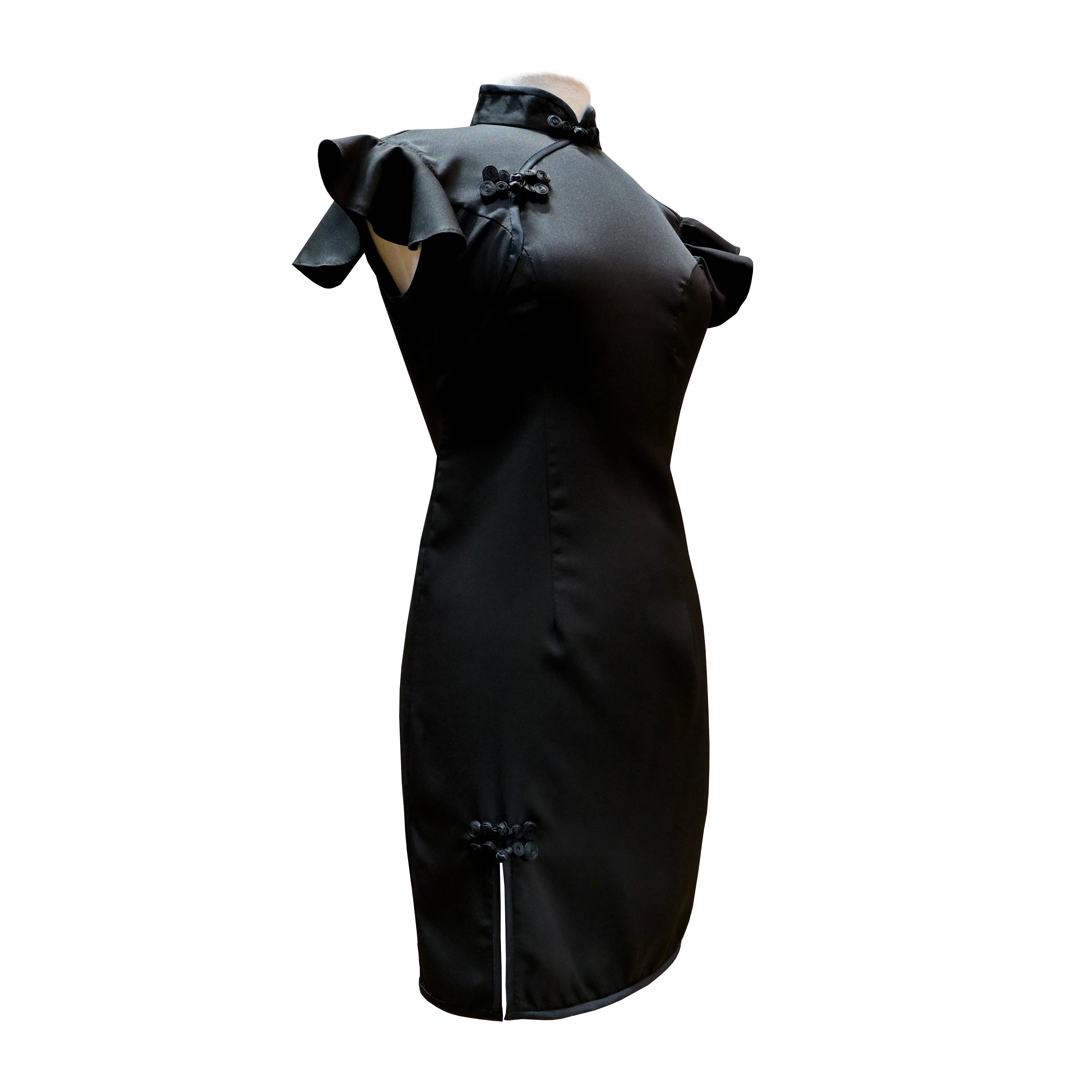 Flutter Sleeves Fitted Qipao with Front Slit - Onyx