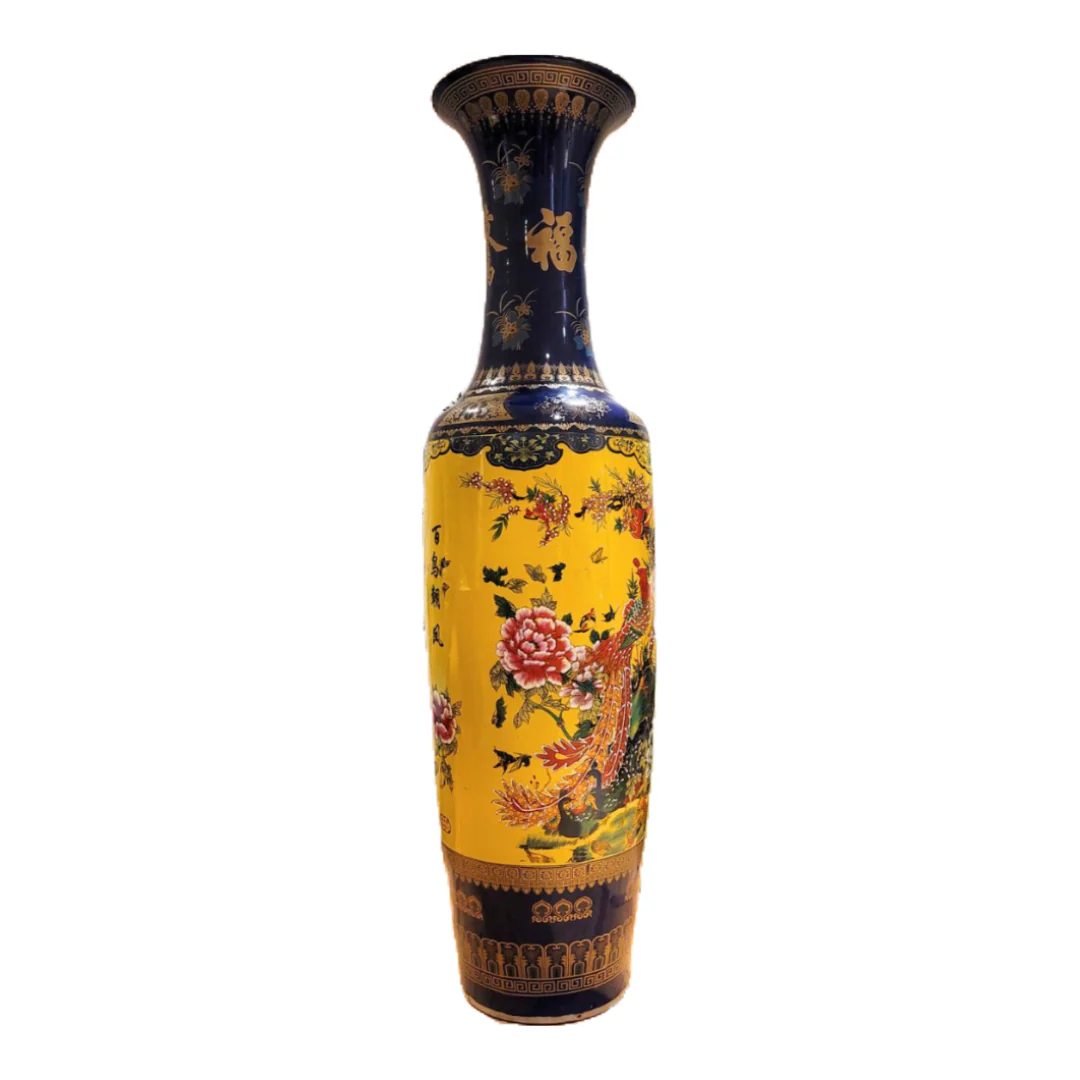 Hand-Painted Extra-Large Floor Vase with Peonies and Peacocks
