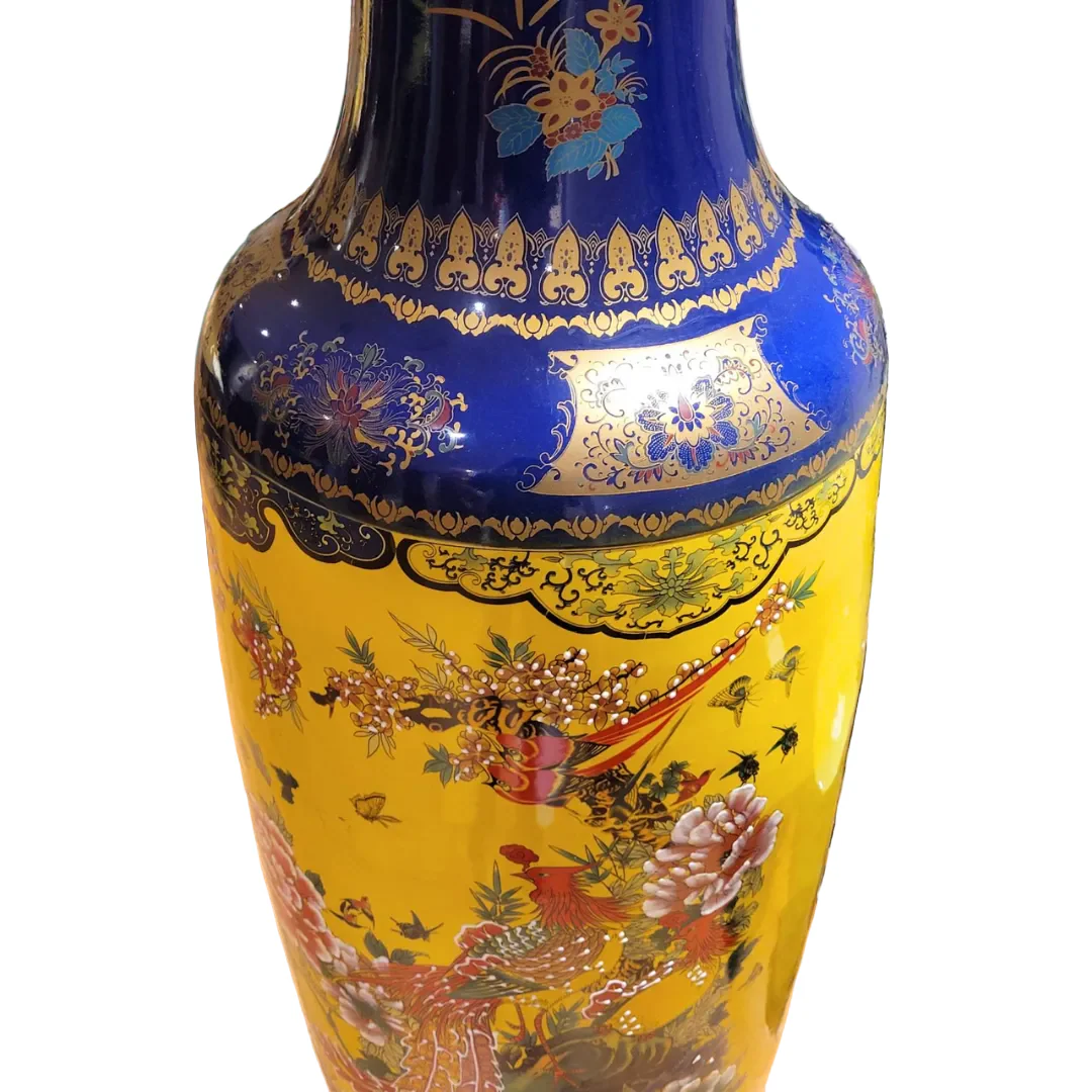 Hand-Painted Extra-Large Floor Vase with Peonies and Peacocks - Image 3