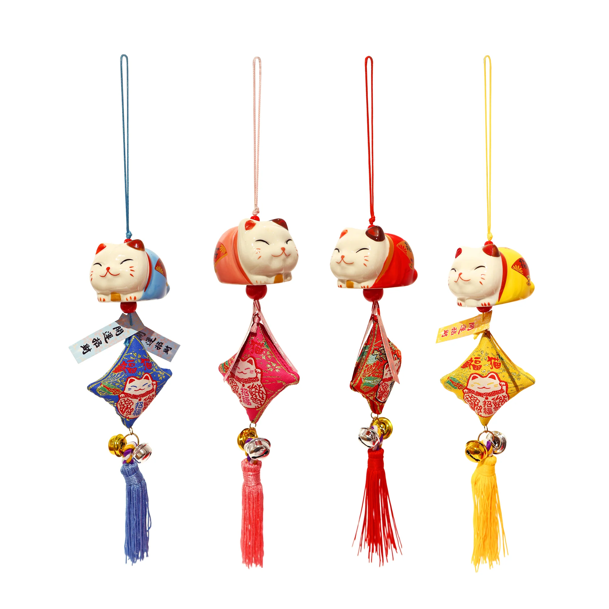 Lucky Cat Bell Ornament with Diamond Shape Brocade Amulet