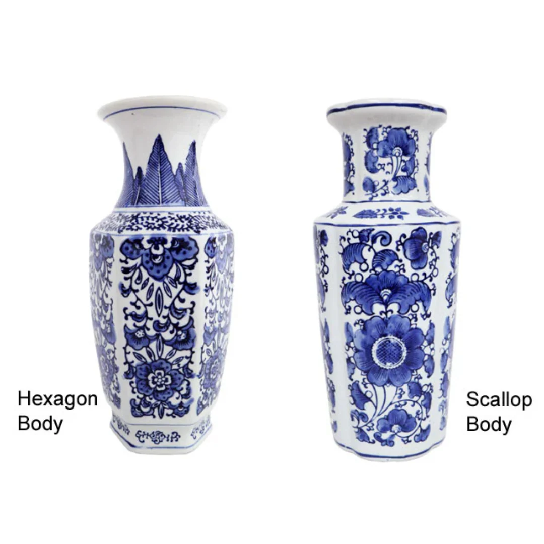 Peony Design Blue on White Ceramic Vase
