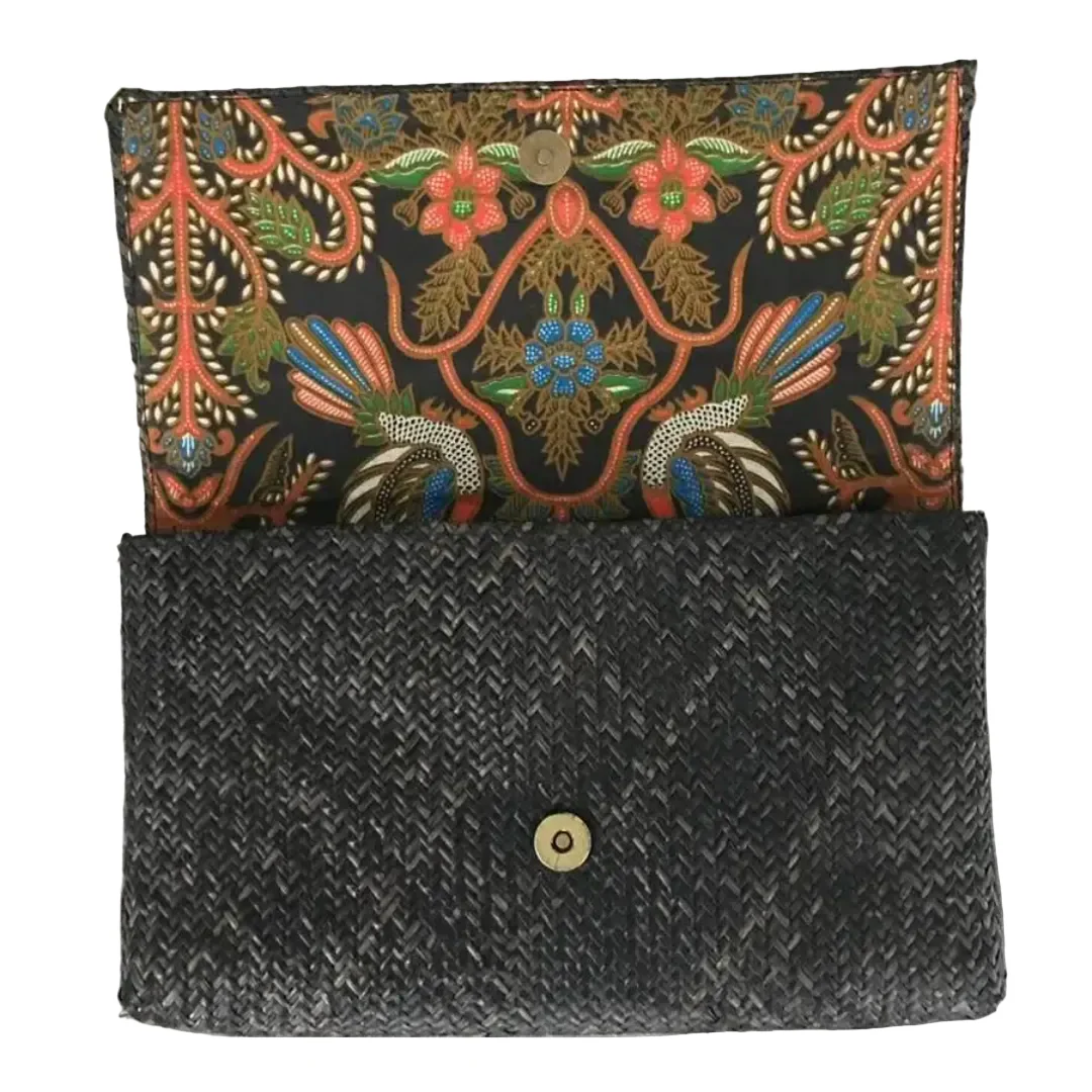 Rattan Clutch with Batik Lining - Black - Image 2