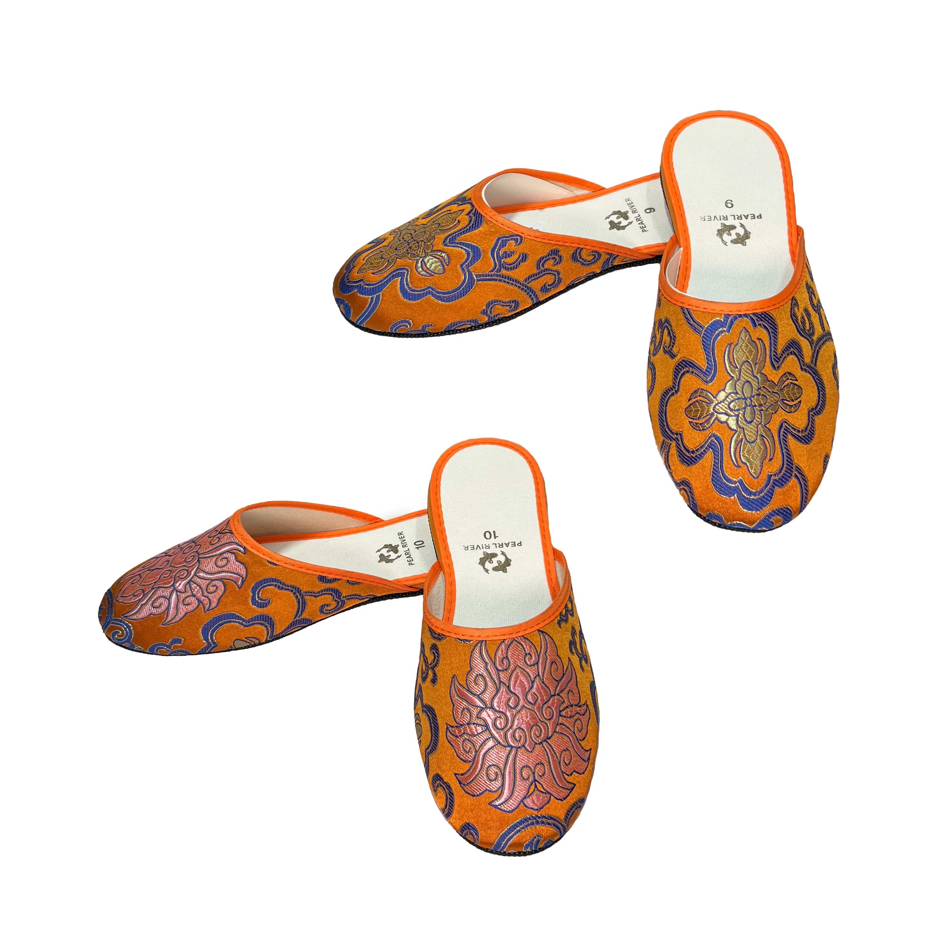 Brocade Slippers with Tibetan Lotus Design - Blue and Orange