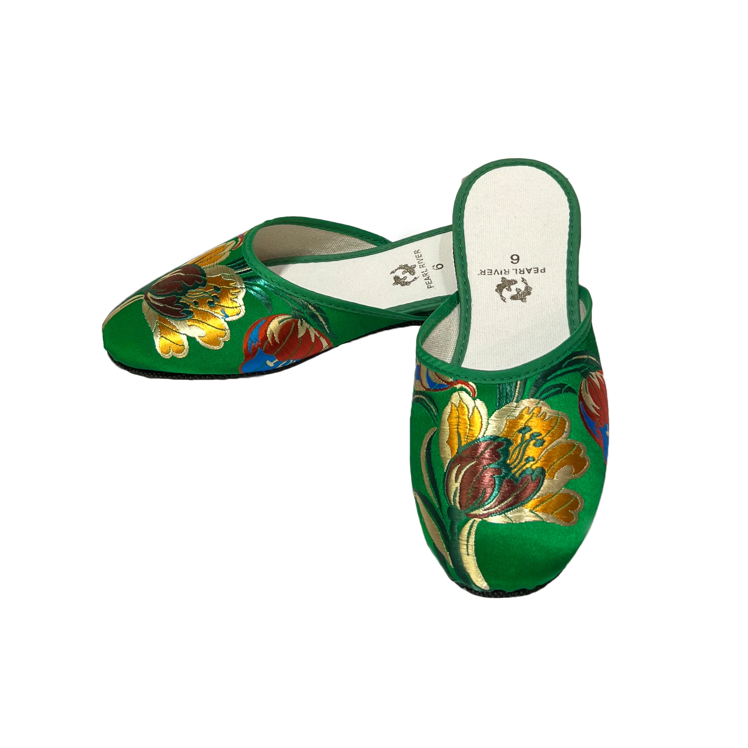 Brocade Slippers with Tulip Design - Green